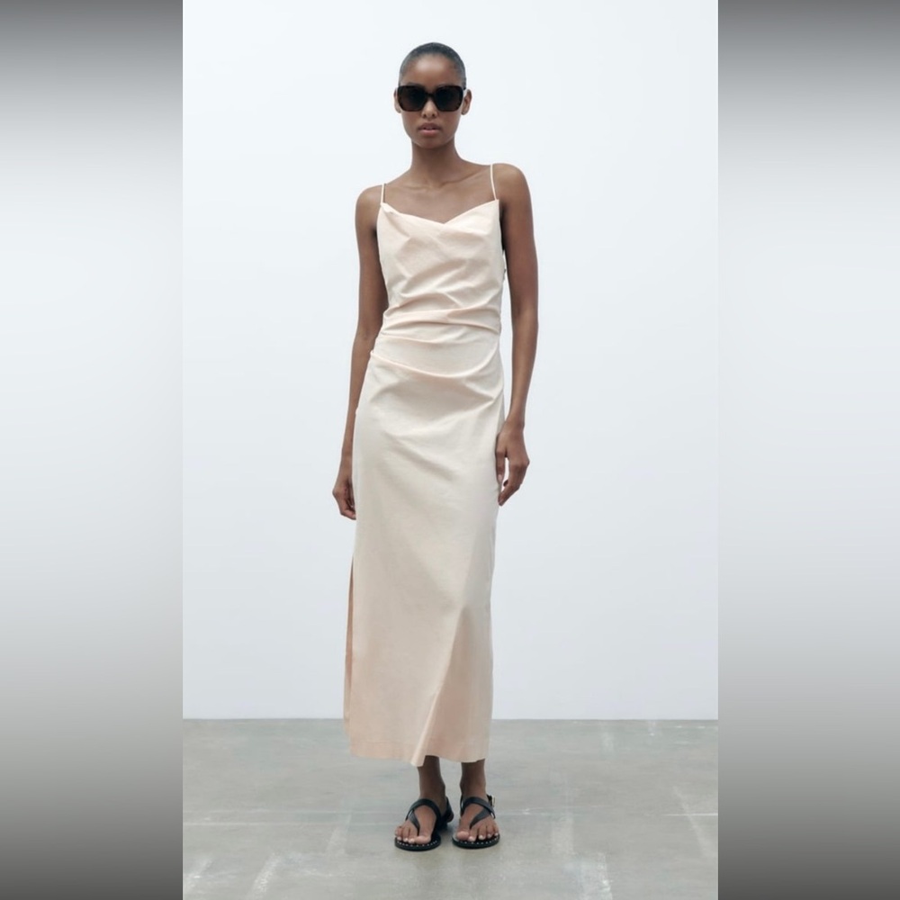 Zara Draped Midi Dress Ecru Size XS Ruched detail Linen NWT